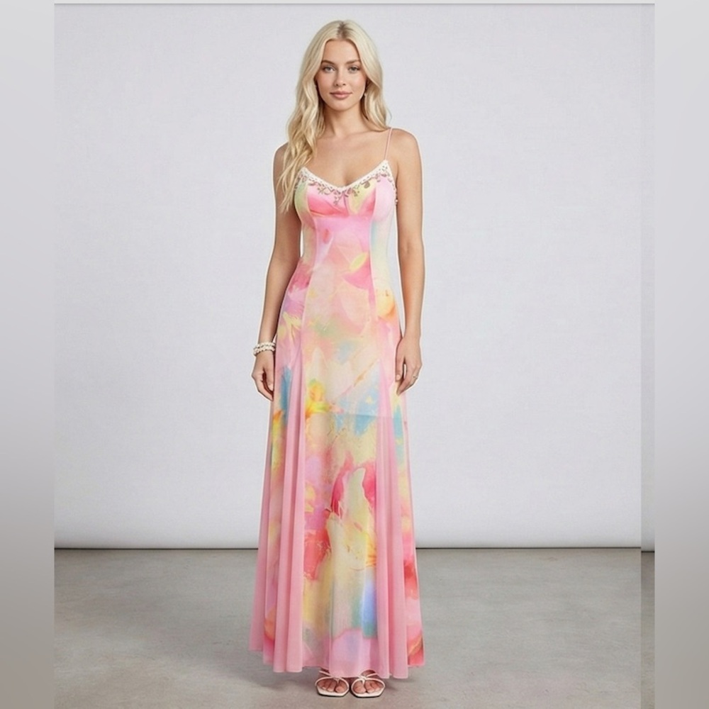 Y2K Pastel Pink Watercolor Mesh Maxi Dress